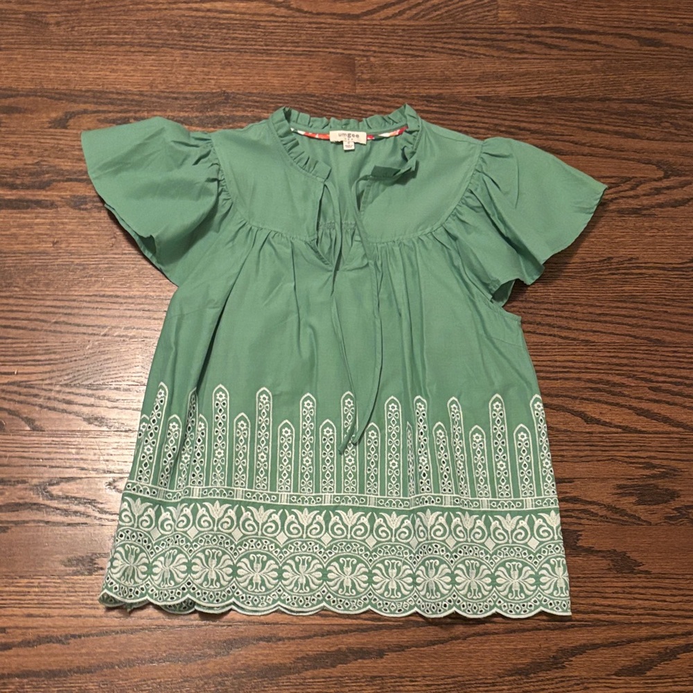 Umgee Green Blouse with White Eyelet Detail